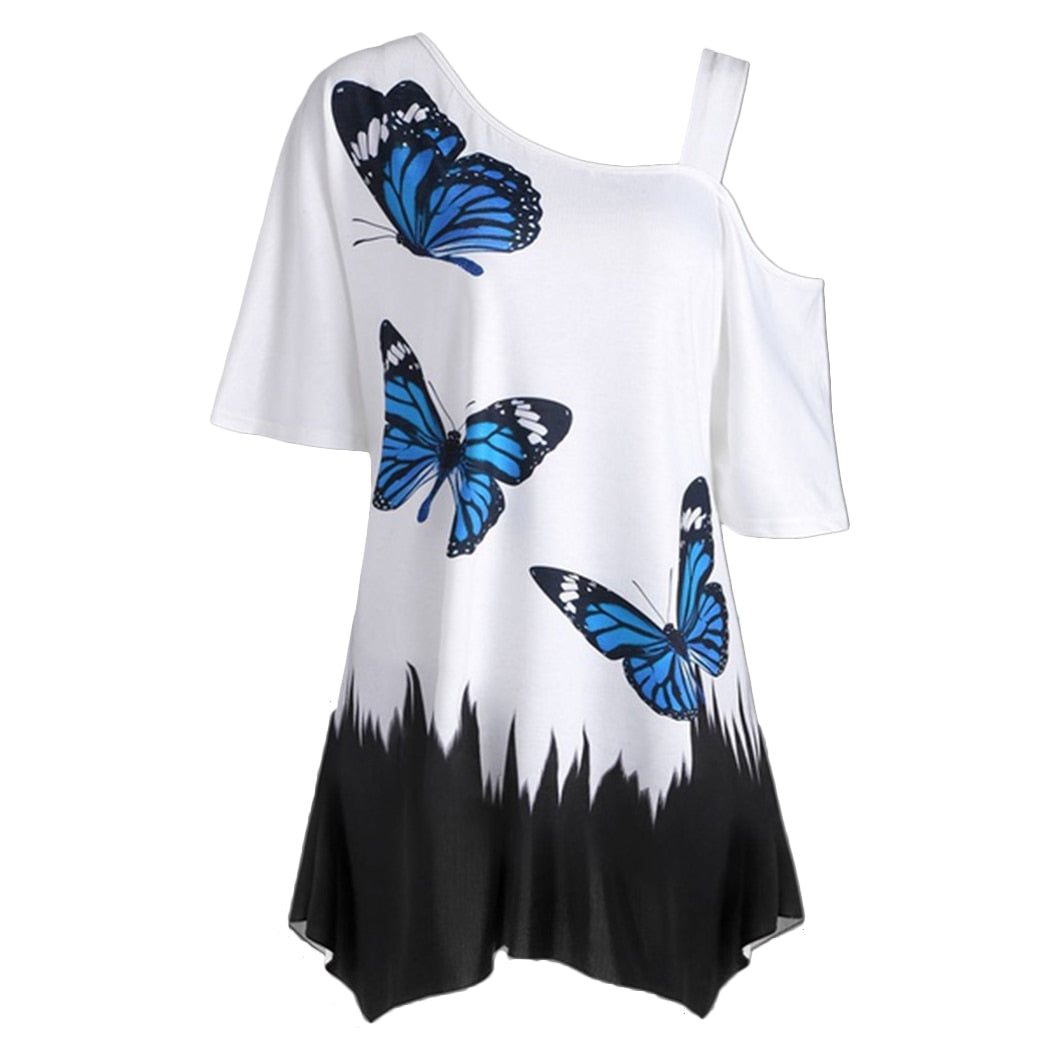 Short Sleeve 2021 Women Tops One Shoulder Summer Fashion Butterfly Printed Blouse Plus Size Tunic Casual Shirts Loose Blusas