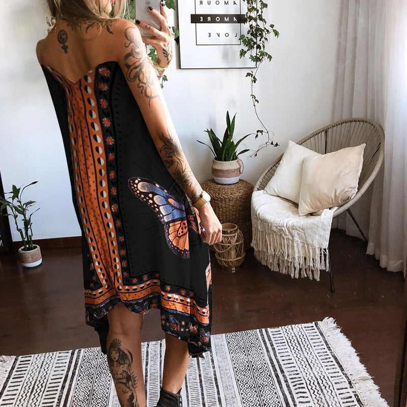 Women's Printed Backless Irregular Dress