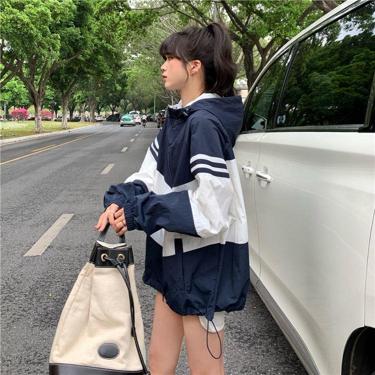 Contrast Color Hooded Sun Protection Clothing For Women Loose Thin Coat