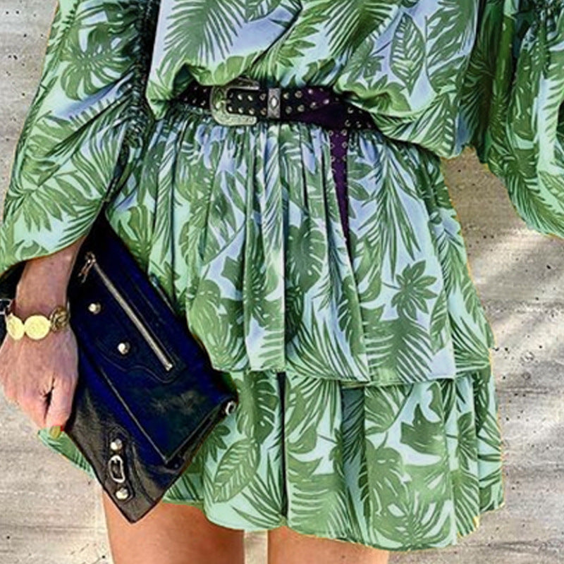 Women's Loose-fit Long-sleeved V-neck Printed Dress