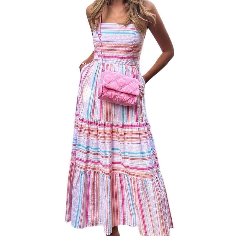 Vertical Striped High Elastic Comfortable Tube Top Dress