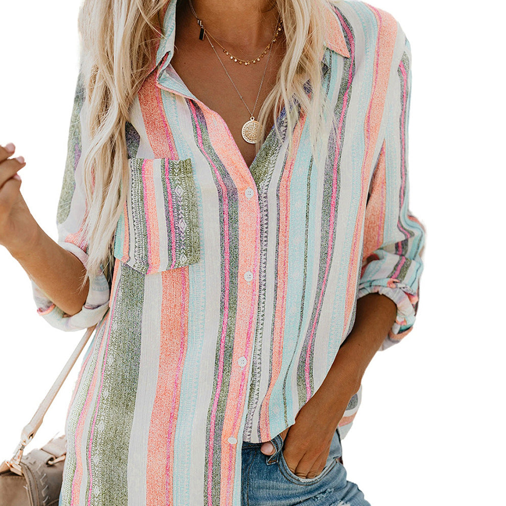 European And American Women's Clothing Striped Lapel Long-sleeved Cardigan Single-breasted Shirt For Women