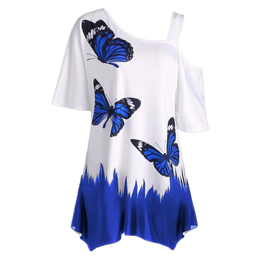 Short Sleeve 2021 Women Tops One Shoulder Summer Fashion Butterfly Printed Blouse Plus Size Tunic Casual Shirts Loose Blusas