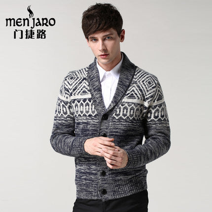 Menjielu Men's Jacquard Men's Sweater Outerwear British Style Slim-fit Sweater V-neck Autumn And Winter Thick Cardigan