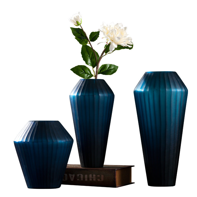 Blue Carved Glass Vase Three Piece Vertical Flower Ornaments