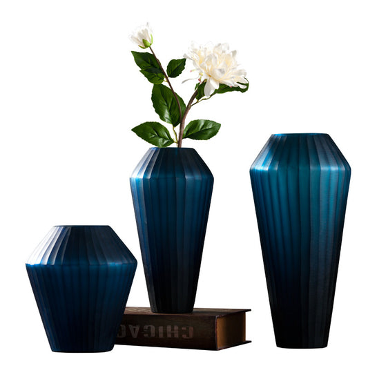 Blue Carved Glass Vase Three Piece Vertical Flower Ornaments