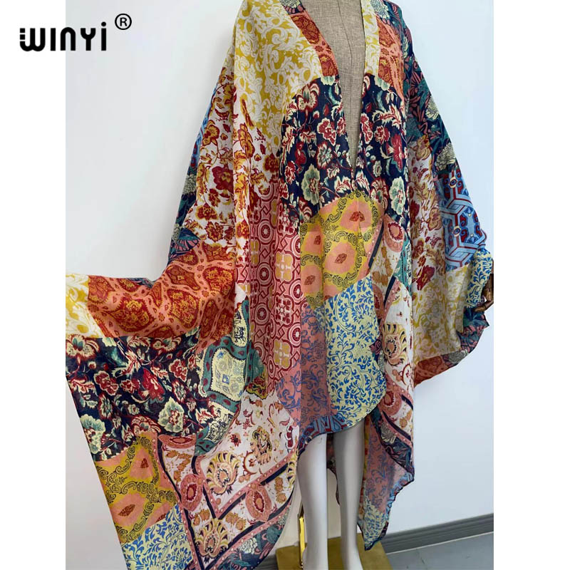 WINYI 2022 Summer Sexy See Long Kimono Kaftan stitch  Beachwear loose Cardigan Women party beach Swimsuit Cover Up Outdoor Robe