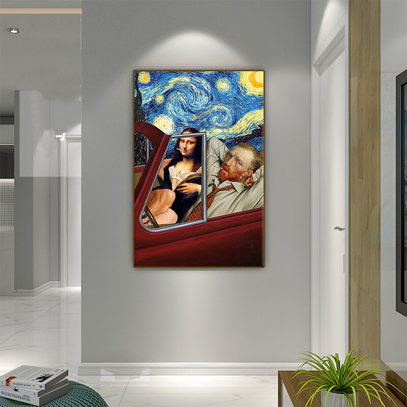 Funny art painting Van Gogh and Mona Lisa smoking on the car Home printing wall cloth painting for Living Room Decor