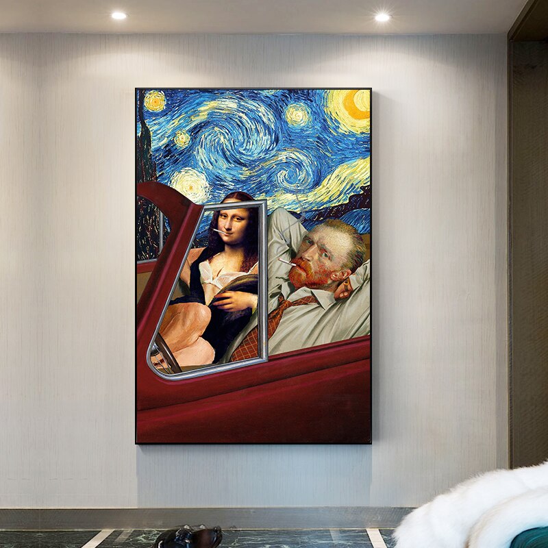 Funny art painting Van Gogh and Mona Lisa smoking on the car Home printing wall cloth painting for Living Room Decor