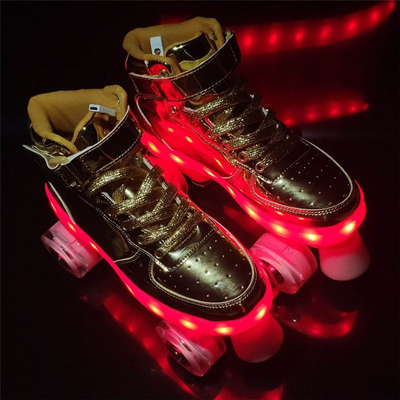 2022 New Led Rechargeable 7 Colorful Flash Shoes Double Row 4 Wheel Roller Skates Outdoor Men Women Patines