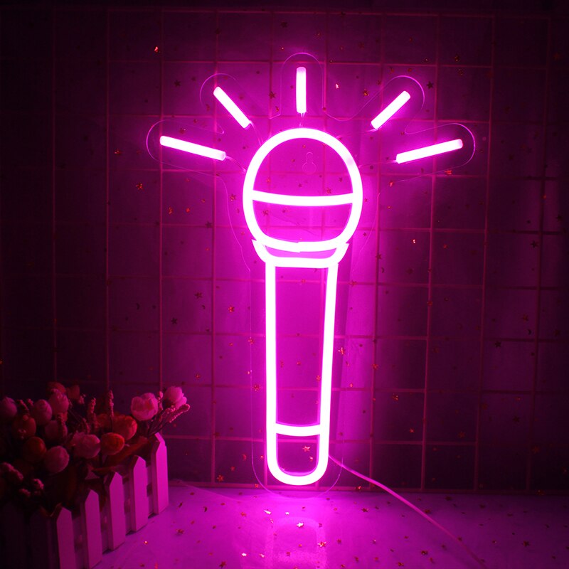 Wanxing Neon Sign LED Microphone Design Pink Neon Night Lamps USB With Switch Wall Art Hanging Light For Shop Home Room Deocr