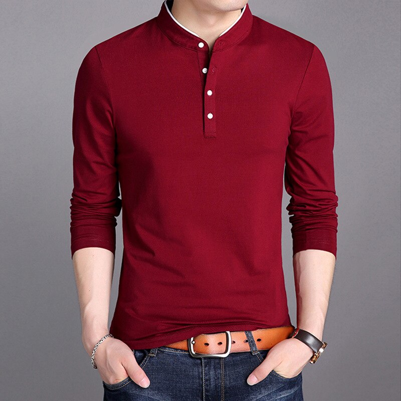 Henley T-Shirt Men Cotton T Shirt Full Sleeve tshirt Men Solid Color T-shirts tops&tees Henley Neck Shirt Spring Autumn