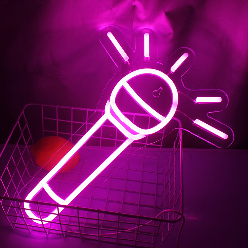Wanxing Neon Sign LED Microphone Design Pink Neon Night Lamps USB With Switch Wall Art Hanging Light For Shop Home Room Deocr