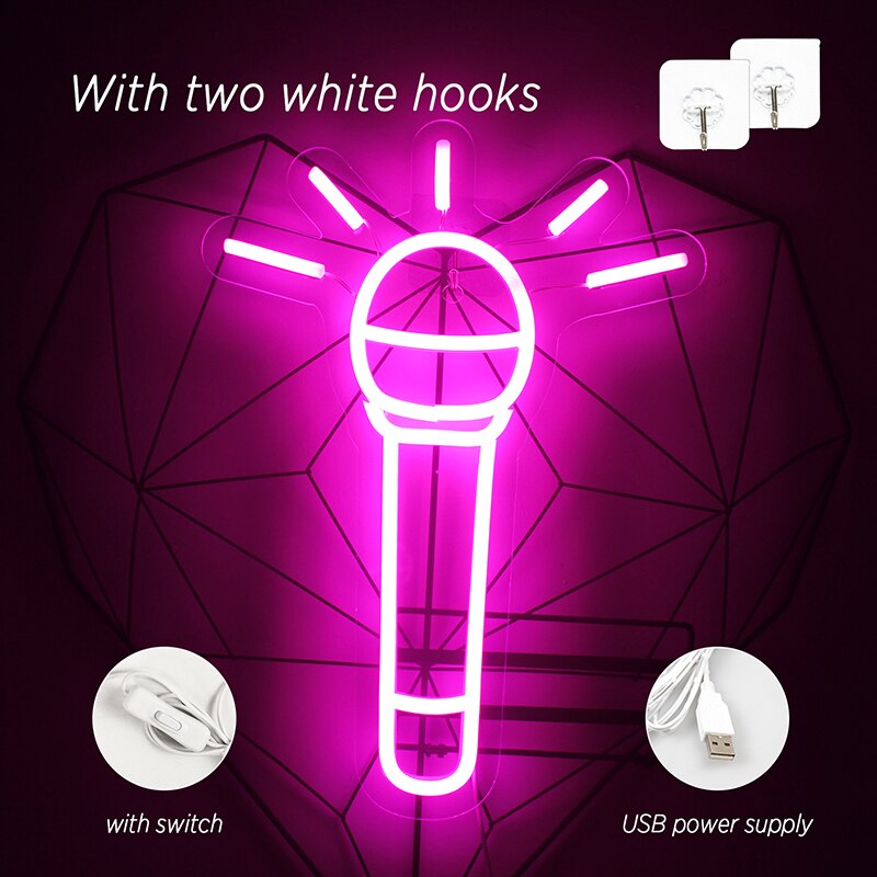 Wanxing Neon Sign LED Microphone Design Pink Neon Night Lamps USB With Switch Wall Art Hanging Light For Shop Home Room Deocr