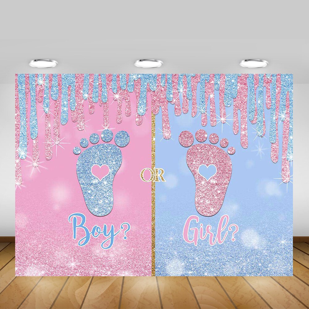 Little Feet Gender Reveal Party Background Decor Boy or Girl Newborn Baby Shower Photo Backdrop Glitter Pink or Blue Photocall