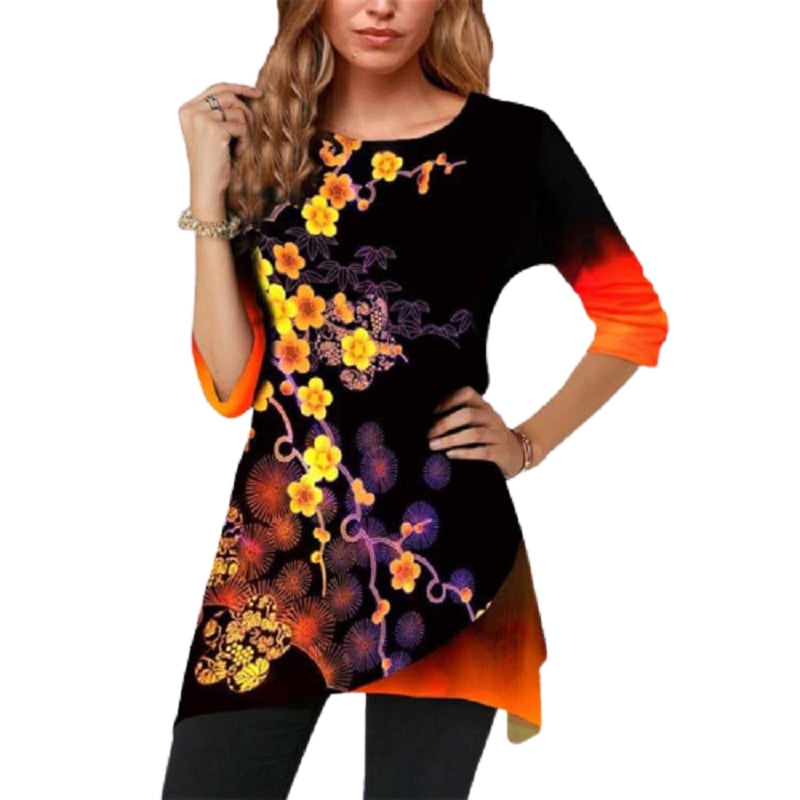 Plum blossom Floral Print Long T shirt Women New Plus Size Autumn Clothings 3XL 4XL 5XL Casual O-Neck Black T-shirt 3/4 Sleeve