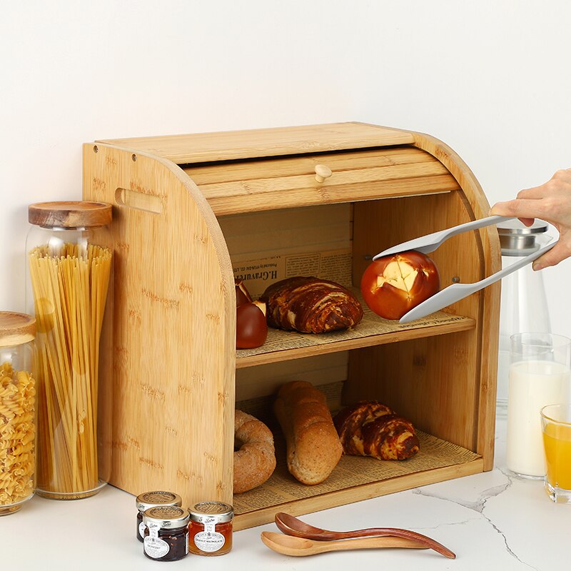 Storage Box Bamboo Bread Box Bins With Cutting Board Double Layers Food Containers Big Drawer Kitchen Organizer Home Accessories