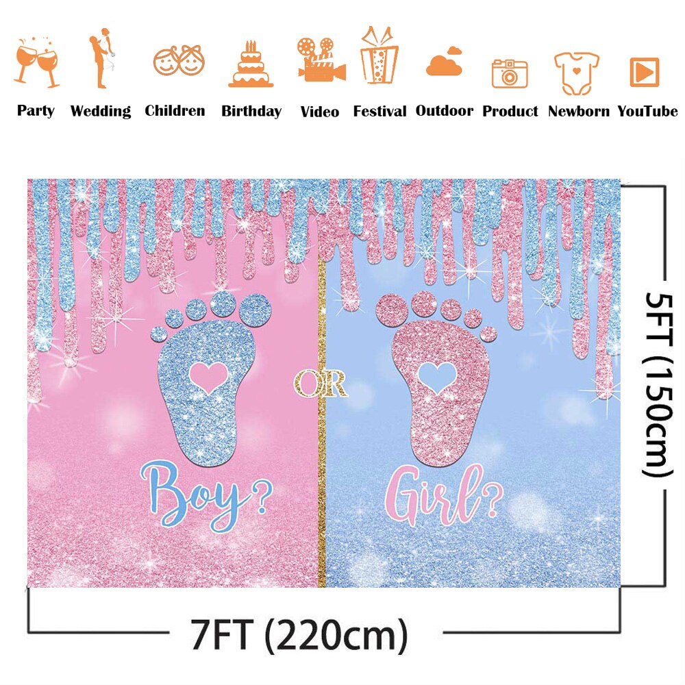 Little Feet Gender Reveal Party Background Decor Boy or Girl Newborn Baby Shower Photo Backdrop Glitter Pink or Blue Photocall