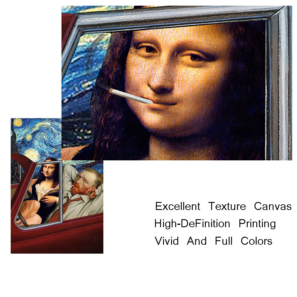Funny art painting Van Gogh and Mona Lisa smoking on the car Home printing wall cloth painting for Living Room Decor