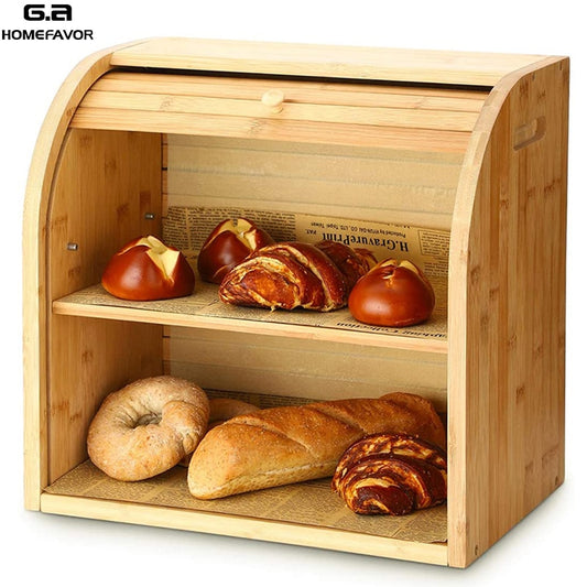 Storage Box Bamboo Bread Box Bins With Cutting Board Double Layers Food Containers Big Drawer Kitchen Organizer Home Accessories
