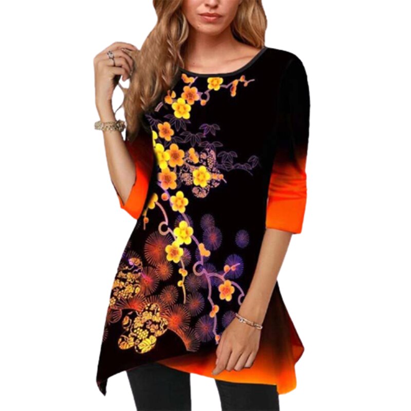 Plum blossom Floral Print Long T shirt Women New Plus Size Autumn Clothings 3XL 4XL 5XL Casual O-Neck Black T-shirt 3/4 Sleeve
