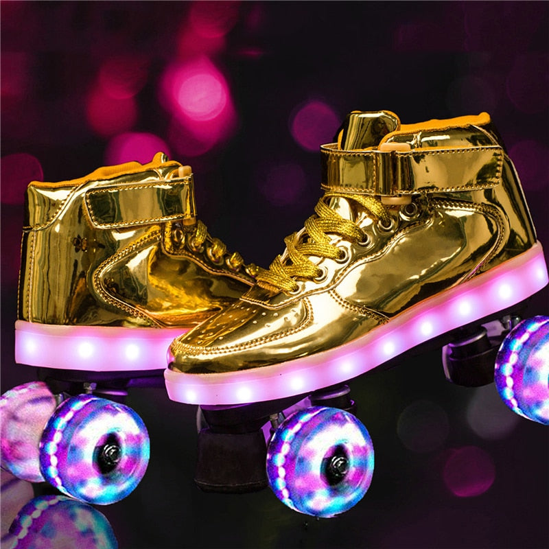 2022 New Led Rechargeable 7 Colorful Flash Shoes Double Row 4 Wheel Roller Skates Outdoor Men Women Patines