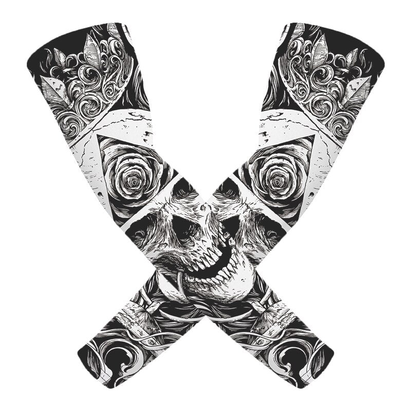 1pair 3D Skull Tattoo Printed Outdoor Cycling Sleeves Breathable Quick Dry UV Protection Running Arm Sleeves Sports Arm Warmers