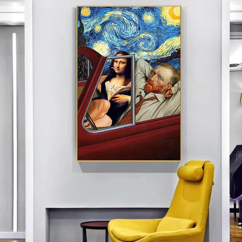 Funny art painting Van Gogh and Mona Lisa smoking on the car Home printing wall cloth painting for Living Room Decor