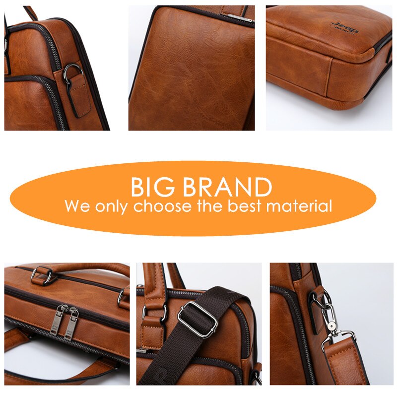 JEEP BULUO Large Capacity Leather Casual Shoulder Bag For Men Brand Man Briefcase  Laptop Business Bags Handbags High-end New