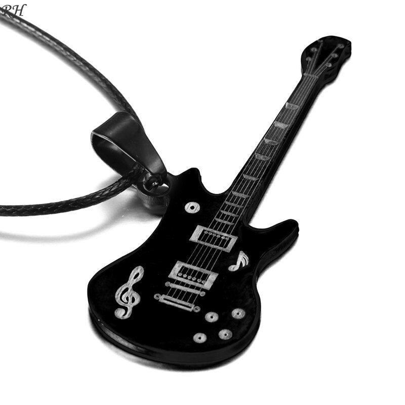 Fashion 316L Stainless Steel Guitar Necklace For Men Pendants Leather Chain Men Necklaces