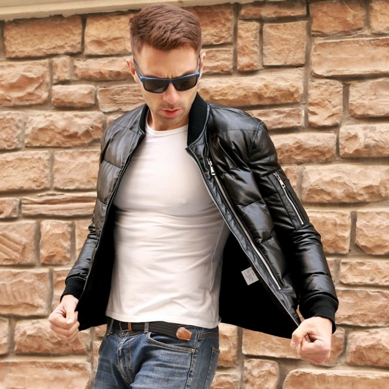 Men Winter Warm Genuine Leather White Duck Down Jackets Flight Coats Large Size Real Leather Sheepskin Bomber Jackets Aviation