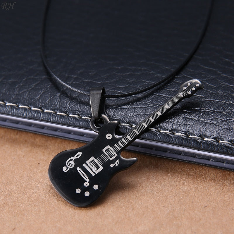 Fashion 316L Stainless Steel Guitar Necklace For Men Pendants Leather Chain Men Necklaces