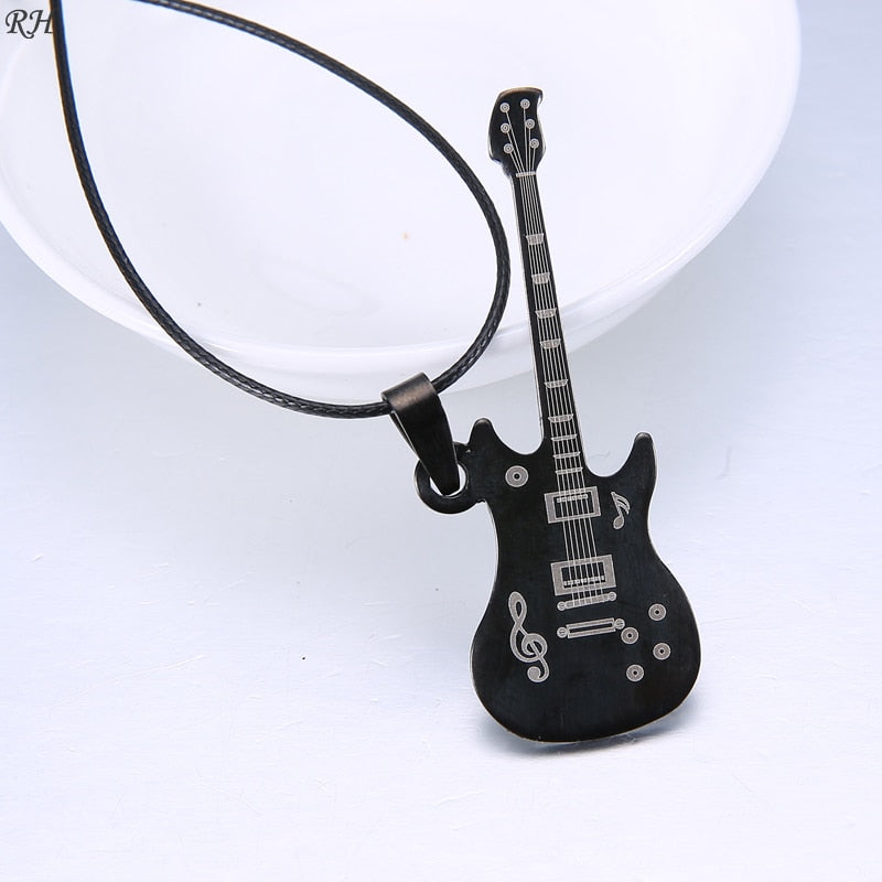 Fashion 316L Stainless Steel Guitar Necklace For Men Pendants Leather Chain Men Necklaces