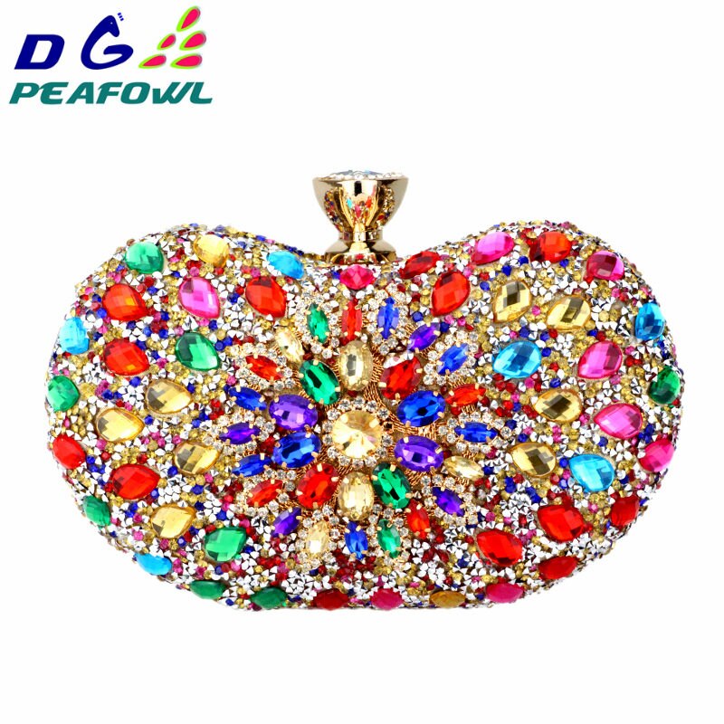 DG PEAFOWL 5colors Two Side Luxury Crystal Floral Clutch Chain Bag Evening Woman Diamond Wedding Shoulder Wallet Purse Handbags