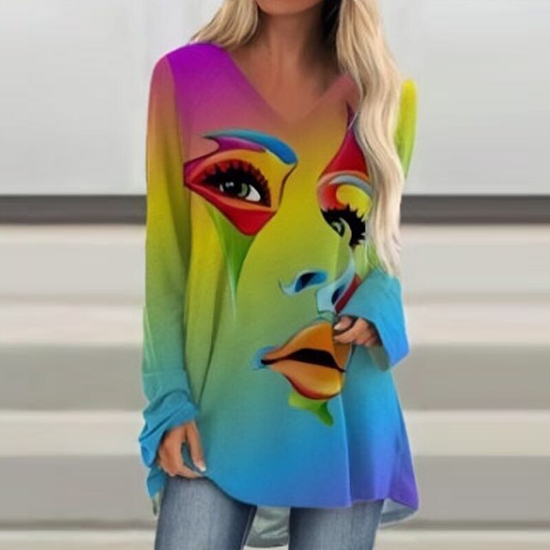 2021 Womens Loose Pullovers Long Tops Ladies Tee Casual Abstract Face Print Shirts Long Sleeve Top Fashion T Shirt S-5XL Black