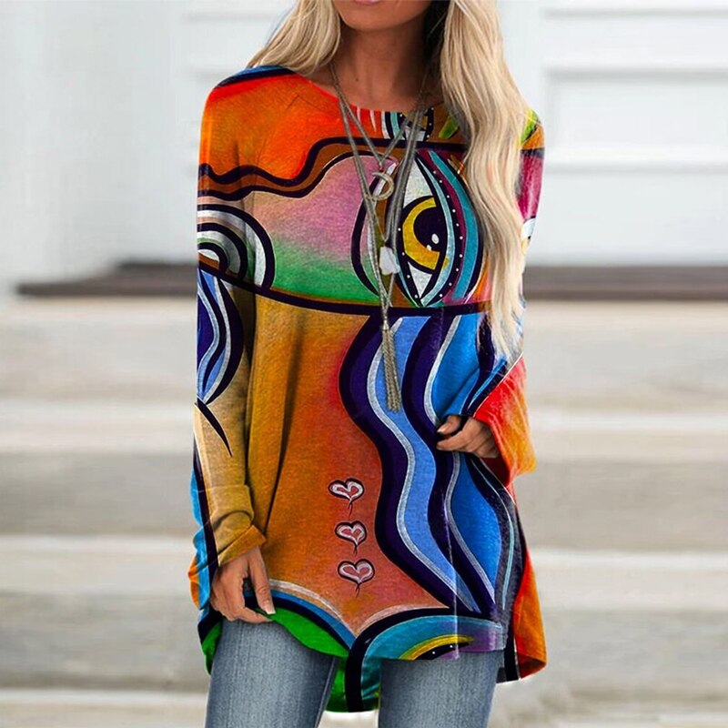 2021 Womens Loose Pullovers Long Tops Ladies Tee Casual Abstract Face Print Shirts Long Sleeve Top Fashion T Shirt S-5XL Black