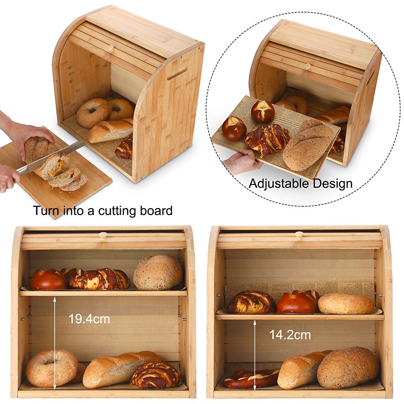 Storage Box Bamboo Bread Box Bins With Cutting Board Double Layers Food Containers Big Drawer Kitchen Organizer Home Accessories