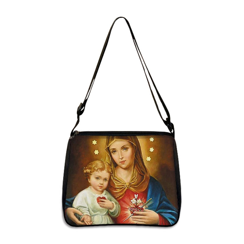 Holy Mary and Jesus Painting Print Handbags Vintage Women Canvas Shoulder Bag Leisure Clutch Ladies Portable Messenger Hobo Bags