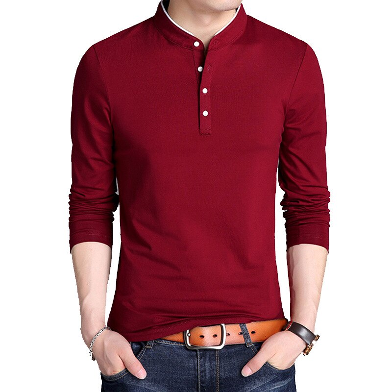 Henley T-Shirt Men Cotton T Shirt Full Sleeve tshirt Men Solid Color T-shirts tops&tees Henley Neck Shirt Spring Autumn