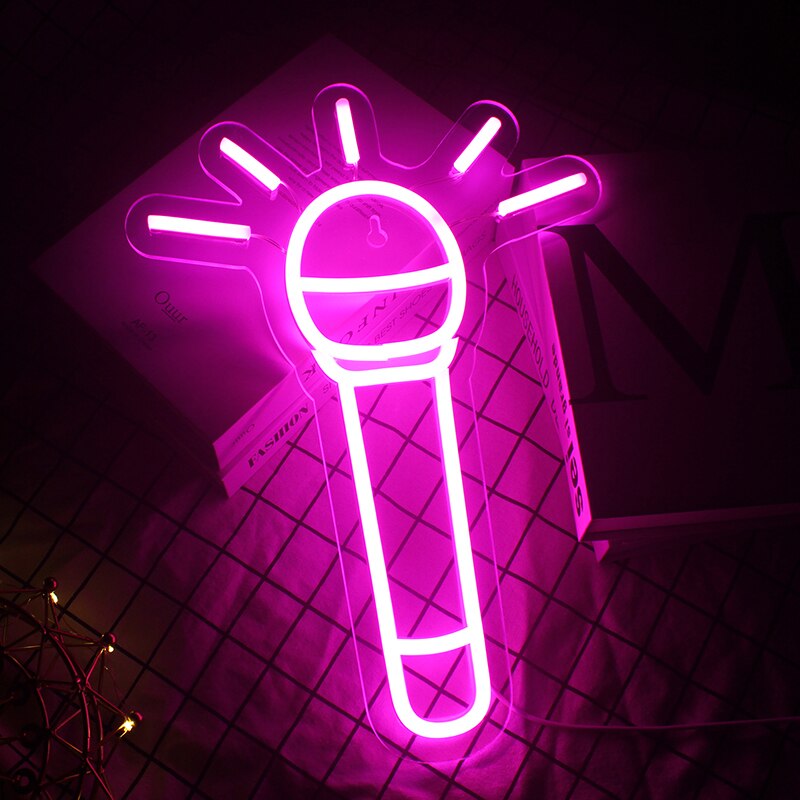 Wanxing Neon Sign LED Microphone Design Pink Neon Night Lamps USB With Switch Wall Art Hanging Light For Shop Home Room Deocr