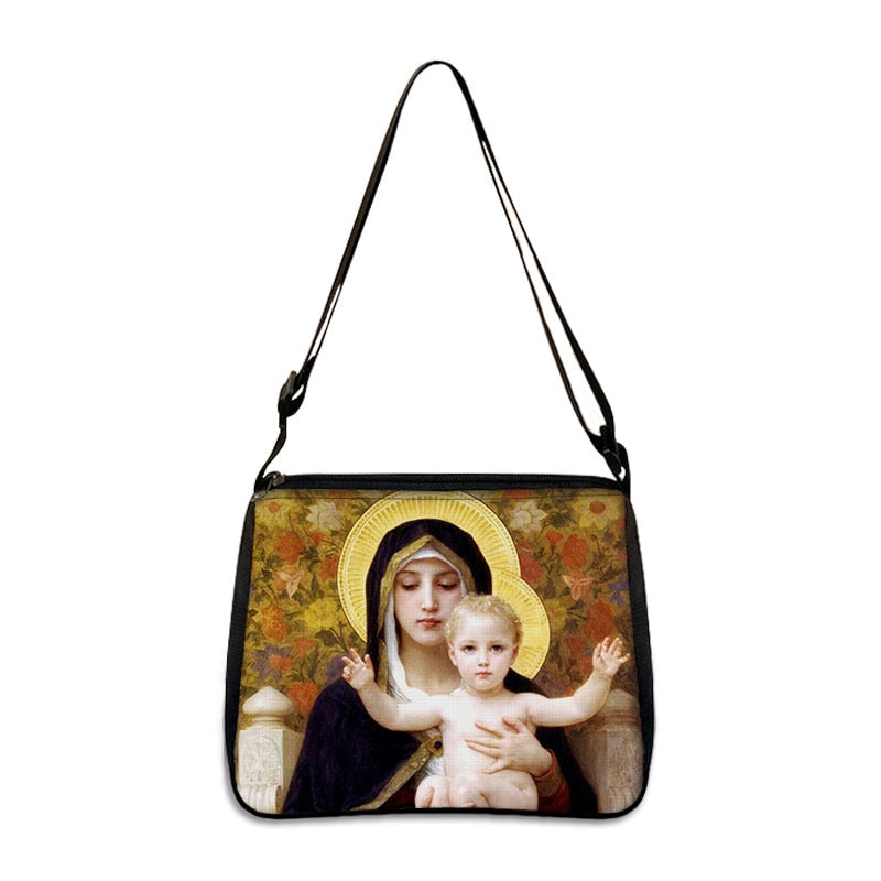 Holy Mary and Jesus Painting Print Handbags Vintage Women Canvas Shoulder Bag Leisure Clutch Ladies Portable Messenger Hobo Bags