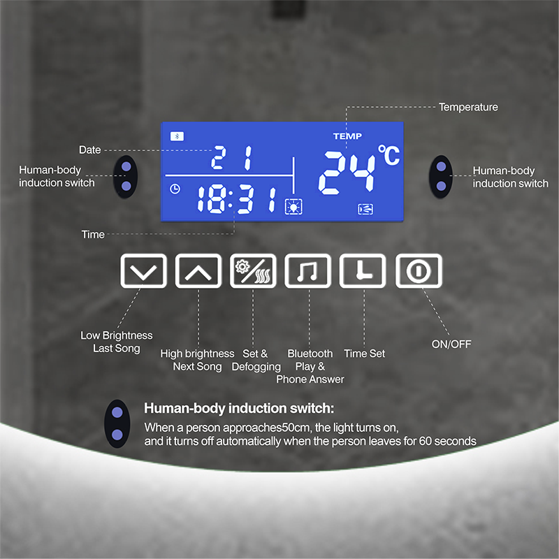Dimmable LED Smart Round Wall Mounted Bathroom With Body Induction Anti-Fog Bluetooth Backlit Light Vanity Mirror