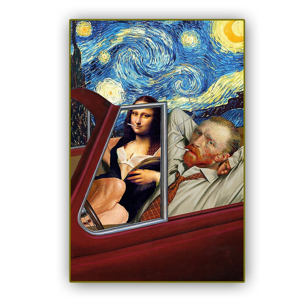 Funny art painting Van Gogh and Mona Lisa smoking on the car Home printing wall cloth painting for Living Room Decor