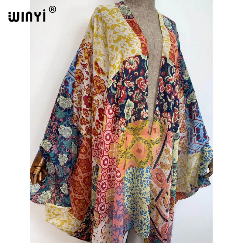 WINYI 2022 Summer Sexy See Long Kimono Kaftan stitch  Beachwear loose Cardigan Women party beach Swimsuit Cover Up Outdoor Robe