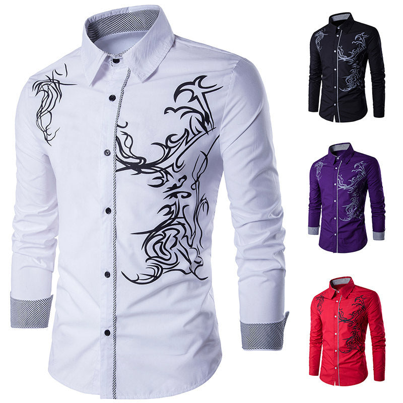 Men's Shirt Men's Long Sleeve Dragon Print Long Sleeve Slim Fit Shirt