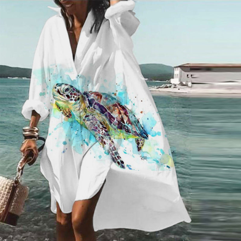 Loose Lapel Long Sleeves Printed Dress