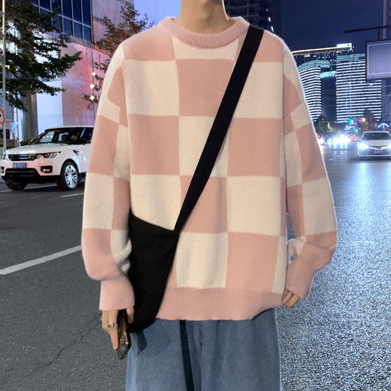 Checkerboard Sweater Men's Loose Harajuku Style Ins Round Neck Pullover Stitching Sweater Autumn And Winter Knitwear Jacket