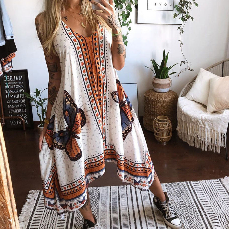 Women's Printed Backless Irregular Dress