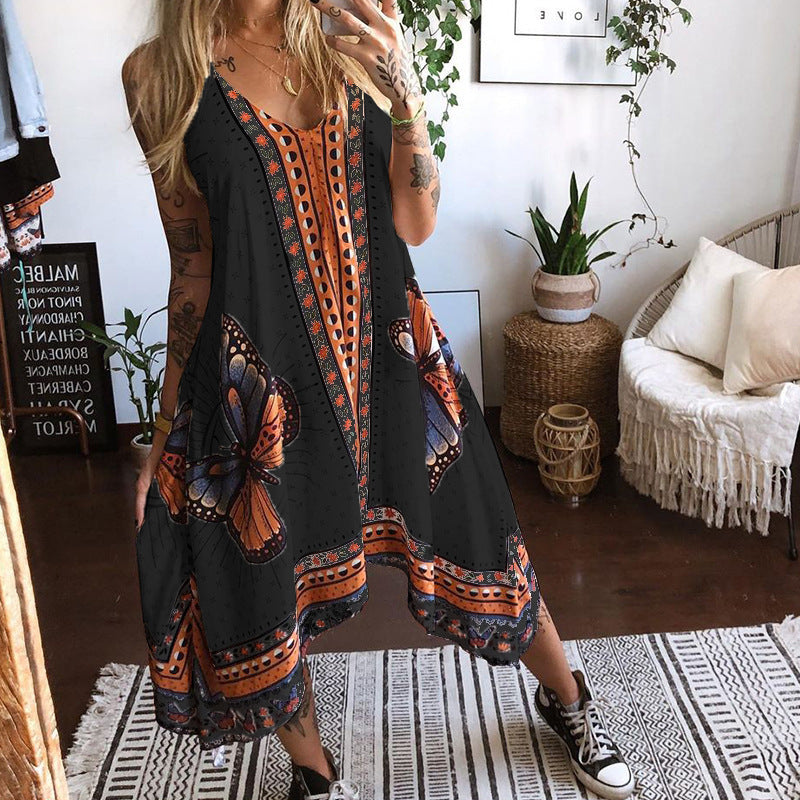 Women's Printed Backless Irregular Dress