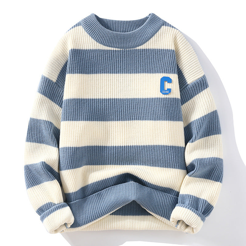 On Behalf Of The 2023 Autumn New Striped Sweater Men's Korean Version Round Neck Pullover Thickened Knitted Sweater Casual Bottoming Shirt